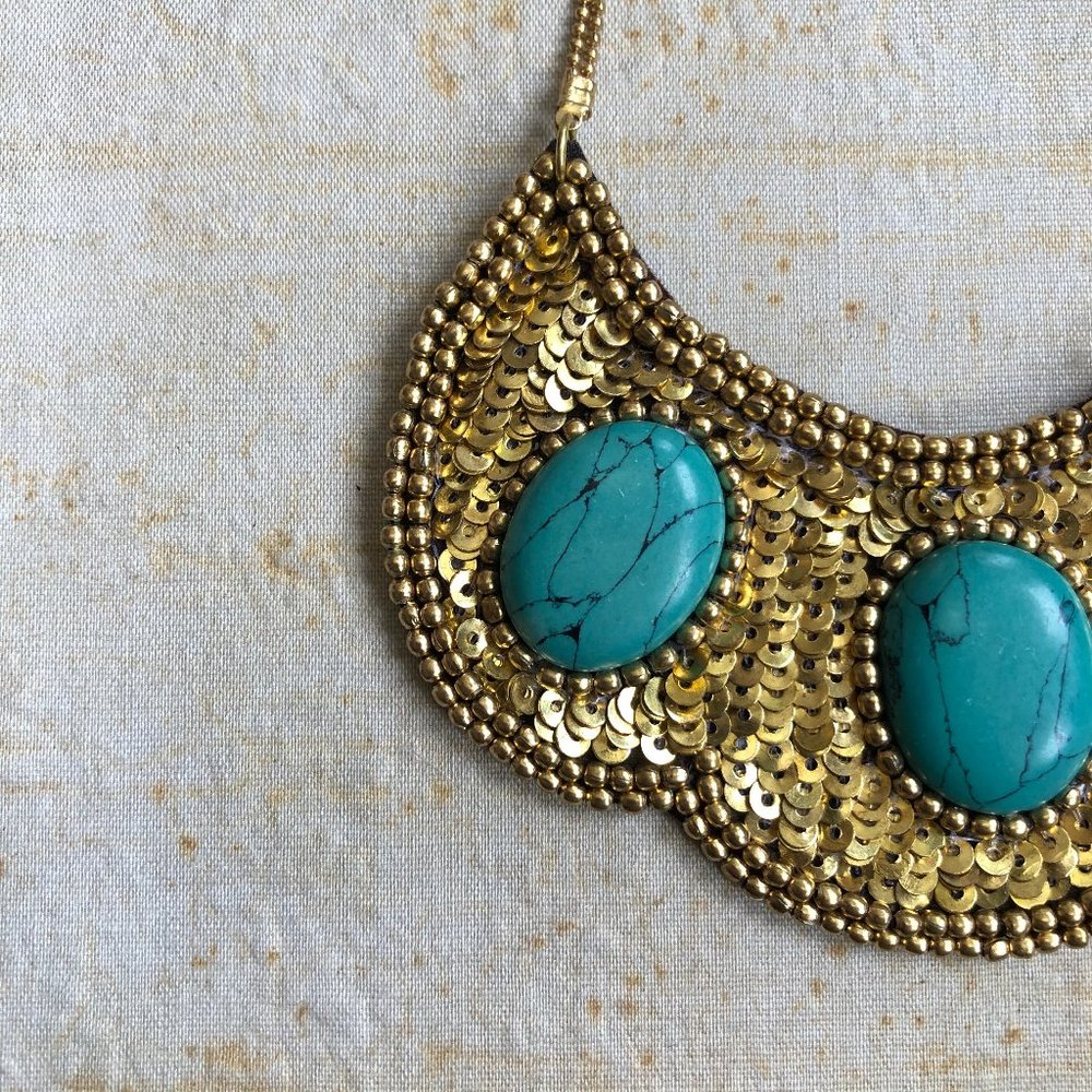 Handmade Sequence Turquoise Statement Necklace - Picture 2 of 5